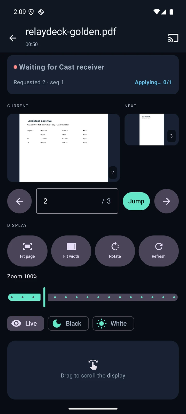 RelayDeck Android controller showing page two requested and awaiting receiver confirmation